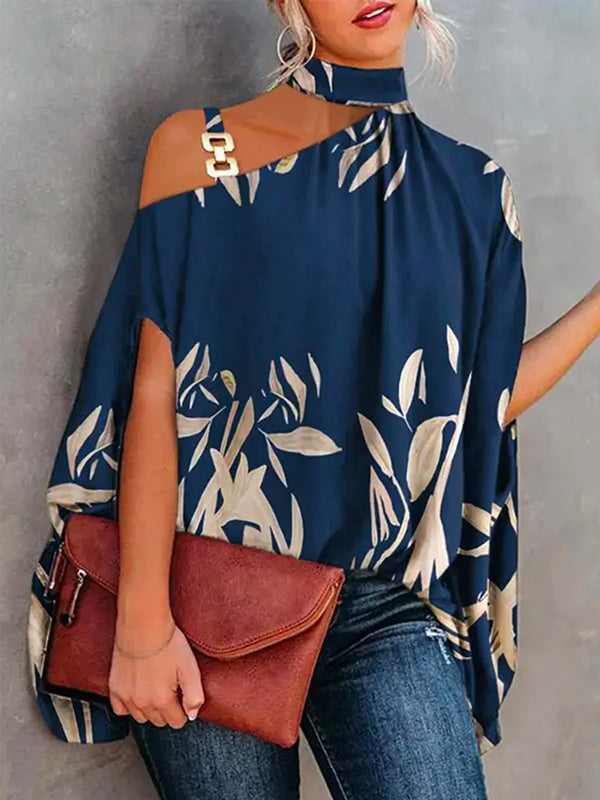 Chicmy-Printed Asymmetric One Shoulder High-Neck Blouse Tunic Top