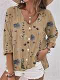 Chicmy-Buttoned Flower Print Long Sleeves Loose V-neck Blouses&shirts Tops