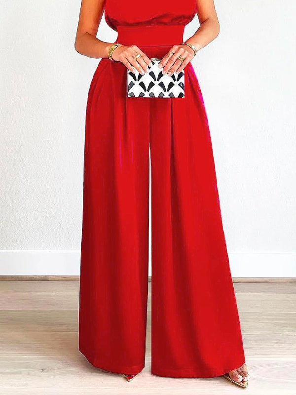 Chicmy-Casual Wide Leg Sleeveless Solid Color High-Neck Jumpsuits
