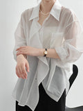 Chicmy-Solid Color Irregular clipping Long Sleeves Lapel Blouses&shirts Tops