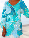ChicmyWomen's Vintage Sequined Wave Print Casual Elegant Color Block Shirt