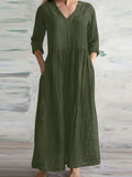 Chicmy- V-neck Casual Loose Solid Color Long-sleeved Maxi Dress