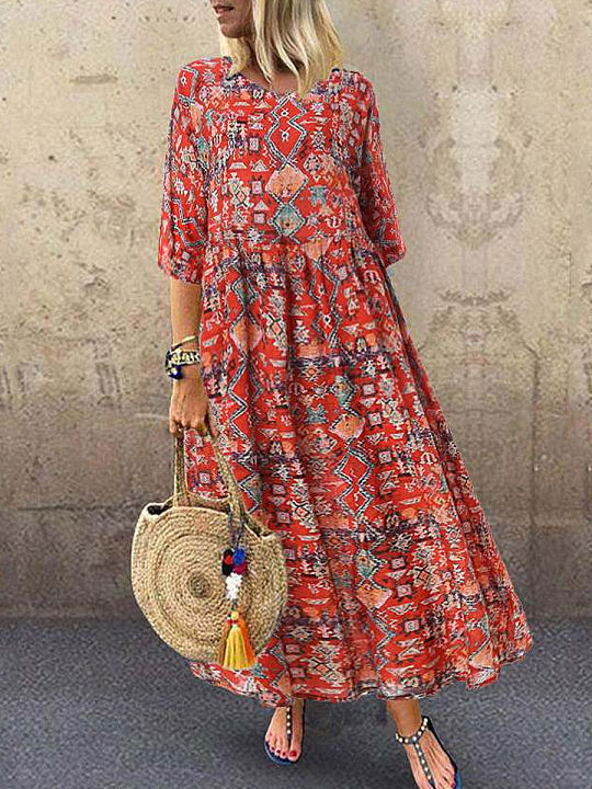 Chicmy- Round Neck Casual Loose Geometric Print Short Sleeve Maxi Dress
