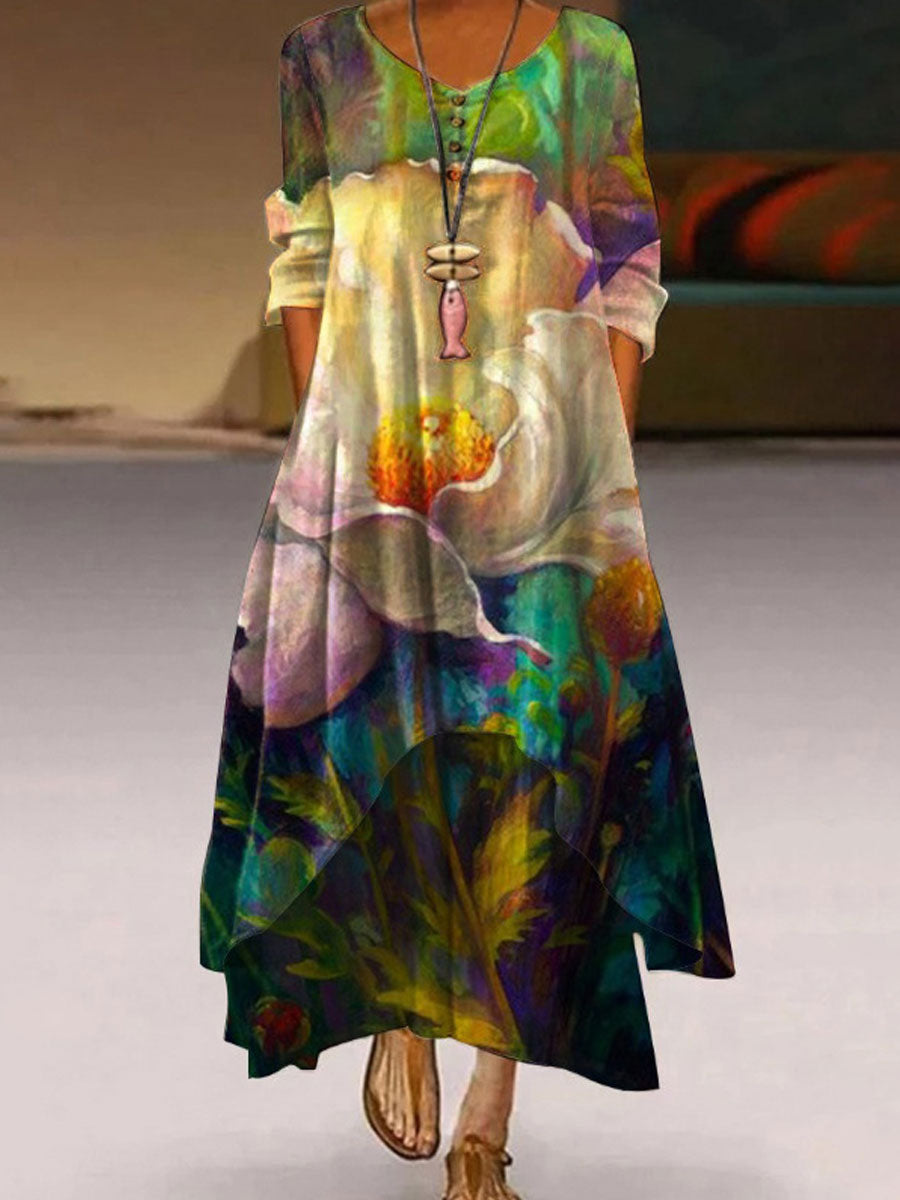 Chicmy- V-neck Casual Loose Floral Print Long Sleeve Maxi Dress