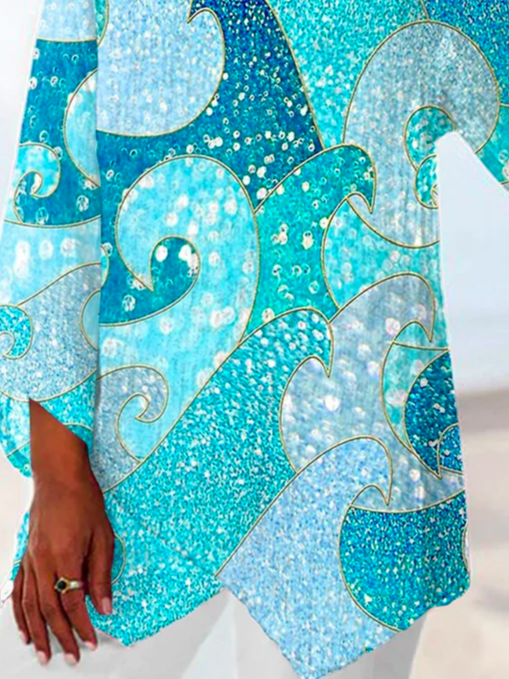 ChicmyWomen's Vintage Sequined Wave Print Casual Elegant Color Block Shirt