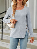 Chicmy-Asymmetric Buttoned Solid Color Split-side Long Sleeves Loose Square-neck T-Shirts Tops