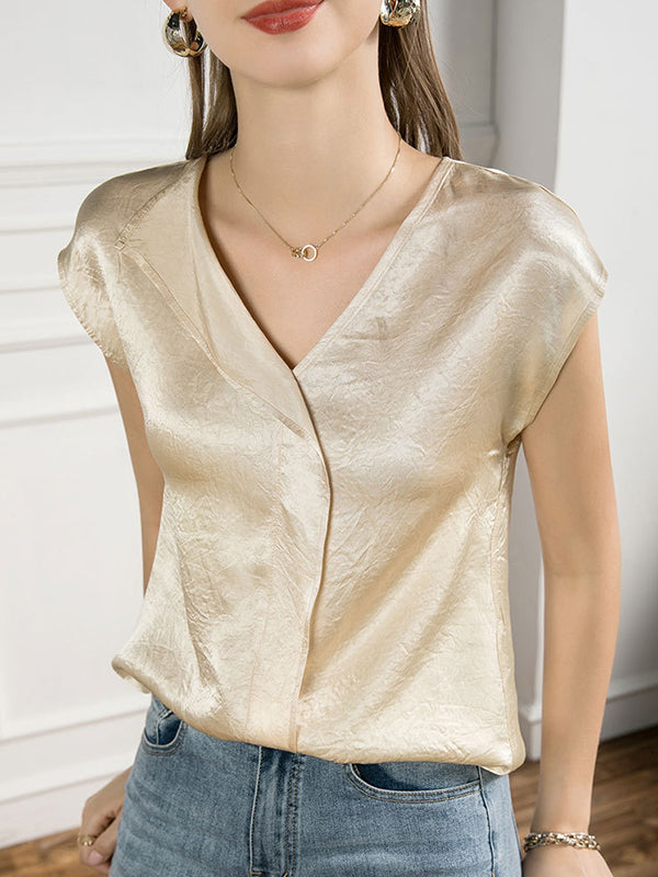 Chicmy-Casual Sleeveless Loose Solid Color Polo Blouses Tops