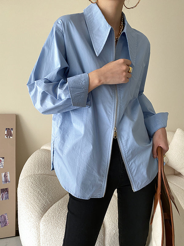 Chicmy-Fashion Long Sleeves Solid Color Zipper Lapel Collar Blouses