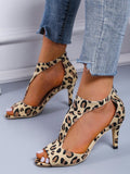 ChicmyBlack Suede Cutout Strap Peep Toe Mid Heel Sandals
