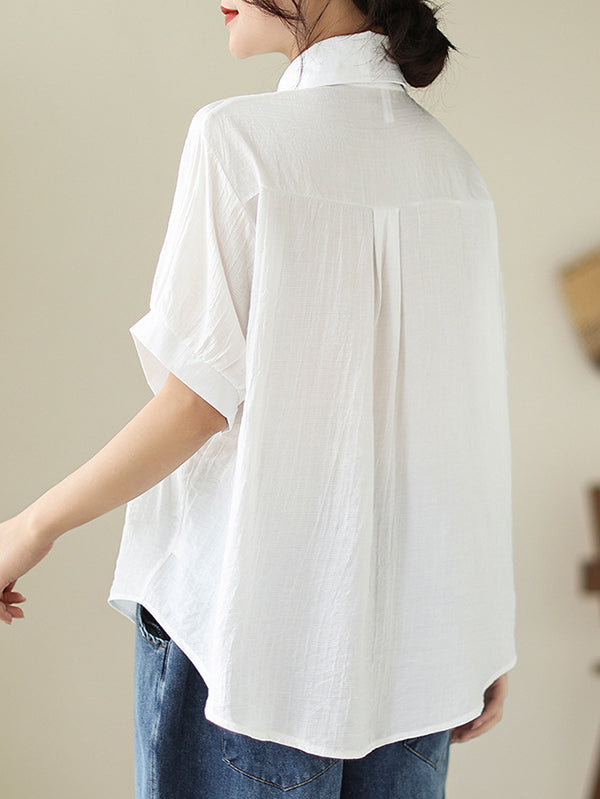 Chicmy-Pleated Solid Color Split-Joint Half Sleeves Loose Lapel Blouses&Shirts Tops