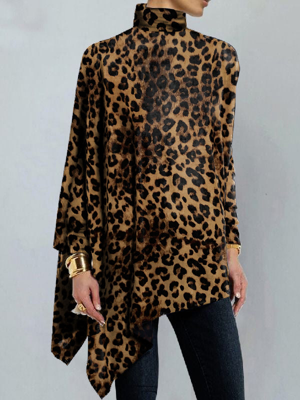 Chicmy-Long Sleeves Loose Leopard Printed High Neck T-Shirts