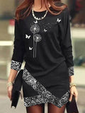 Chicmy- Round Neck Casual Loose Dragonfly Print Long Sleeve Short Dress