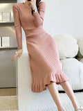 Chicmy-Ruffled Solid Color Long Sleeves Loose Round-Neck Sweater Dresses Midi Dresses