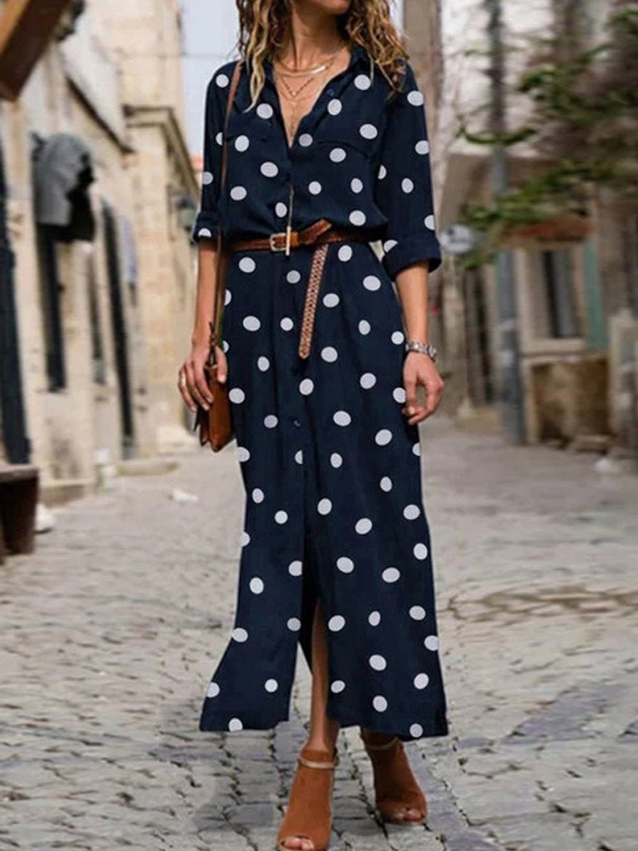 Chicmy- Casual Fashion Polka Dot Print Lapel Long Sleeve Maxi Dress