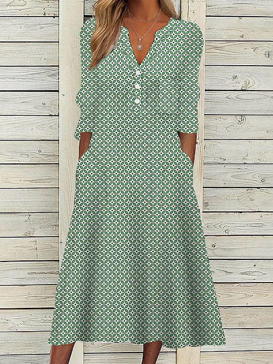 Chicmy- V-Neck Polka Dot Printed Long Sleeve Midi Dress