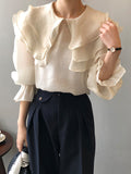 Chicmy-Urban Loose Puff Sleeves Falbala Solid Color Blouse