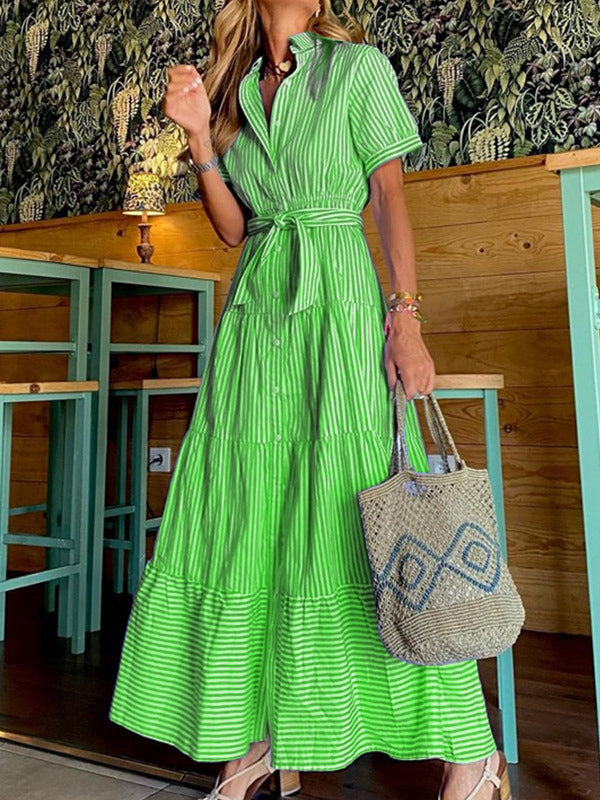Chicmy-Striped Loose Short Sleeves Lapel Maxi Dresses