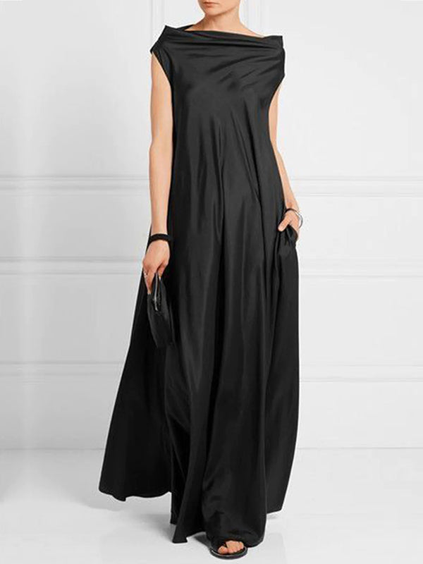 Chicmy-Loose Pleated Solid Color Boat Neck Maxi Dresses