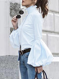 Chicmy-Urban Solid Color Stand Collar Puff Sleeves Blouse