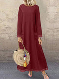 Chicmy- Casual Solid Color Stitching Round Neck Long Sleeve Maxi Dress