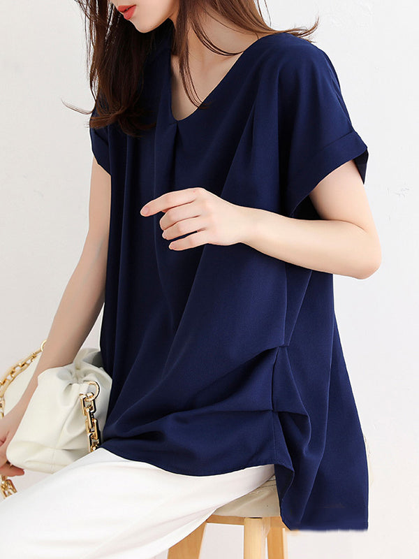 Chicmy-Back Pleated Solid Color Loose Short Sleeves Round-Neck T-Shirts Tops