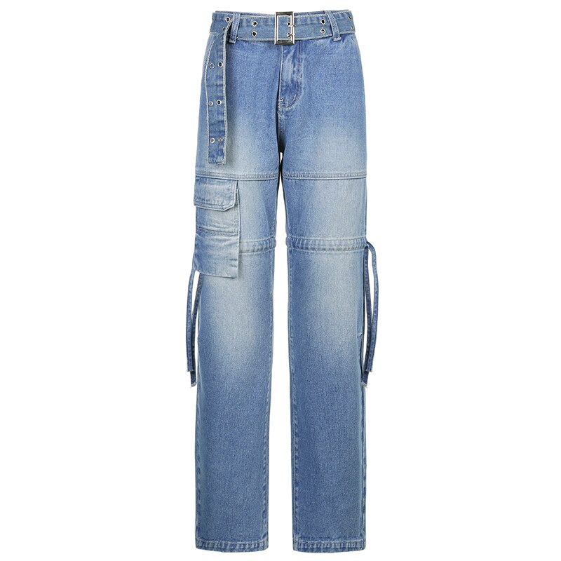 Chicmy Y2K Blue Jeans Retro Sashes Denim Pants Ruched Drawstring Cargo Pants Women Big Pockets Trousers Women Streetwear Jean