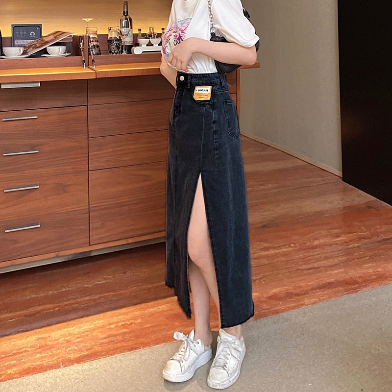 Chicmy High Waist Side Split Sexy Denim Skirt Female Midi Length Summer 2023 Jeans Skirt A-Line Long Skirt Girls Harajuku Casual Saias
