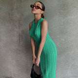Chicmy Summer Women Jumper Dresses Y2k Solid Color Round Neck Sleeveless Form-Fitting Long Knit Sexy Retro Dress For Girls