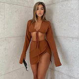 Chicmy Womens Sexy Bodycon Cut Out Deep V Neck Crop Top Side Split Mini Skirt Outfit Long Sleeve Lapel Crop Tops And Mini Skirt Set