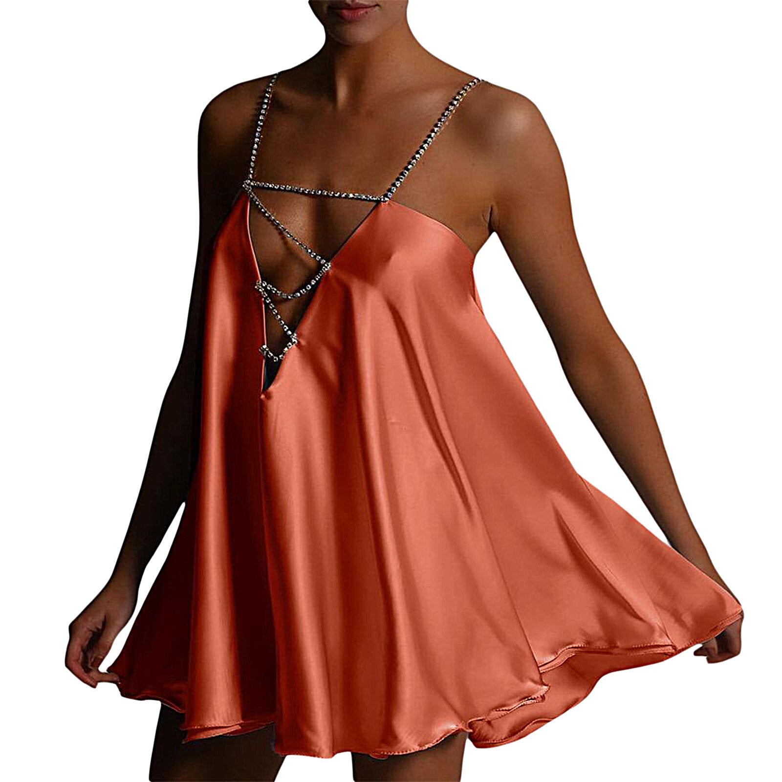 Chicmy Sexy Deep V Neck Backless Lady Mini Dress Fashion Metal Chain Sling Party Dress Elegant Women Solid Pleated Beach Short Dresses