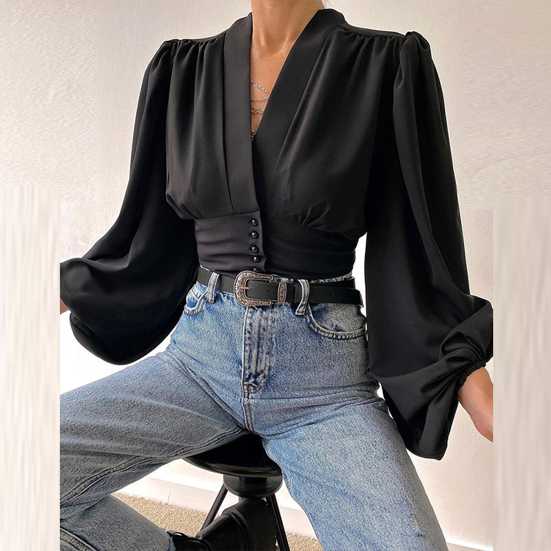 Chicmy New Women Solid Chiffon Button Shirt Blouses For Women Puff Long Sleeve Tops Women  V Neck Clothing 2023 Female Button Up Shirt