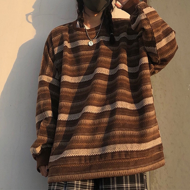 Chicmy Striped Pullover Women Vintage Sweater Oversize Long Sleeve Couples Loose Tops Hip Hop Streetwear Pullover Casual Female