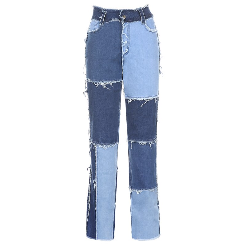 Chicmy Streetwear Patchwork Tassel Y2K Woman Jeans Straight Casual Contrast Color Long Denim Pants Vintage Autumn Jeans Slim