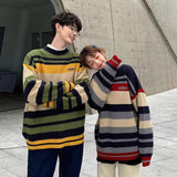 CHICMY Men's Japanese Pullover Round Neck Color Matching Coats Striped Wool Sweaters Loose Lazy Style Retro Cashmere Knitting