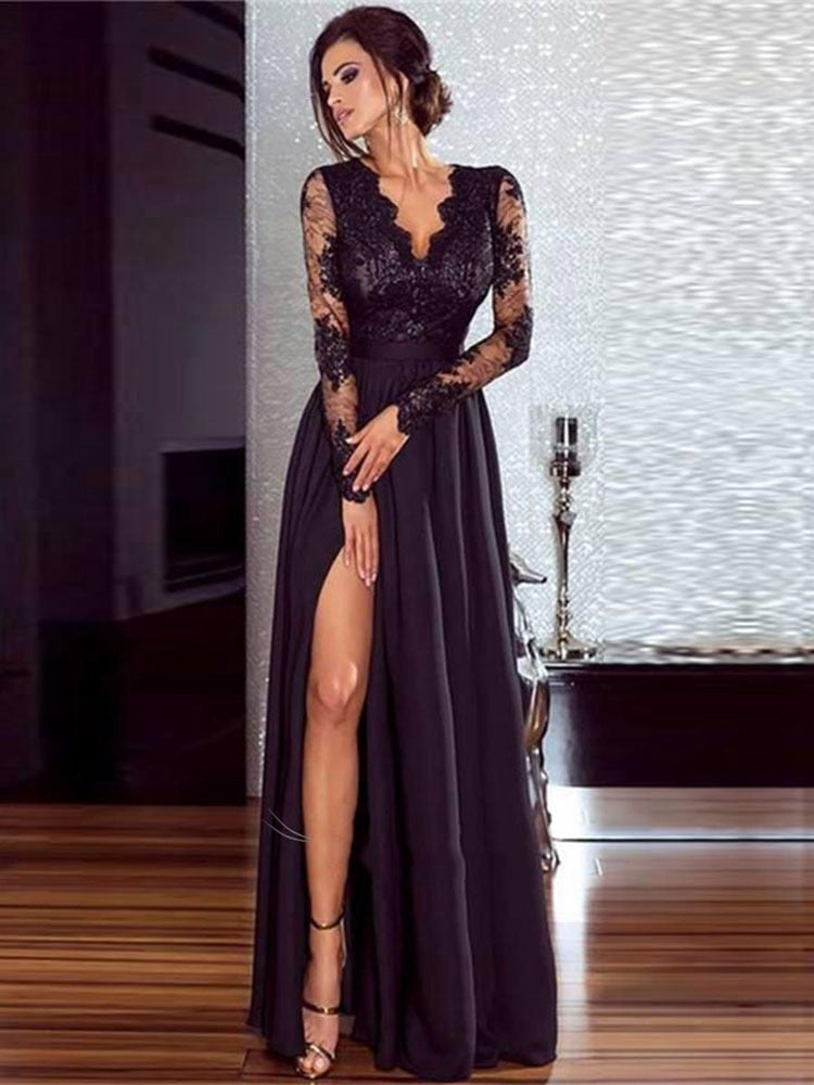Christmas Gift Chicmy 2023 Spring Summer Black Sexy Lace Long Sleeve High Slit Evening Dresses Ladies V Neck Nightclub Robes Prom Party A Line Gowns