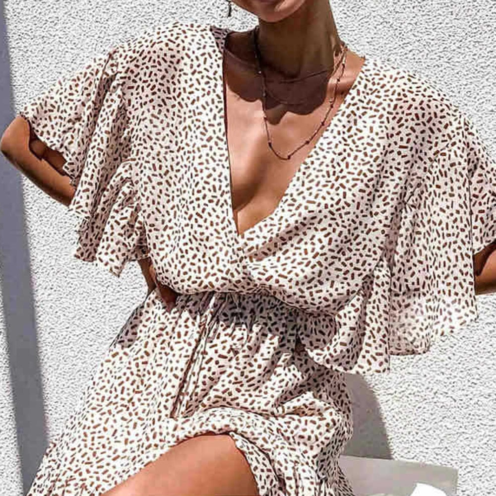 Chicmy Women Sexy Deep V Neck Leopard Print Mini Dress Summer Fashion Back Button Ruffle Short Sleeve Chiffon Woman Beach Dresses Robe