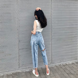 Chicmy Women Ankle Length Jeans 2023 Streetwear Sexy Back Holes High Waist Harem Pants Vintage Casual Baggy Straight Denim Trouser