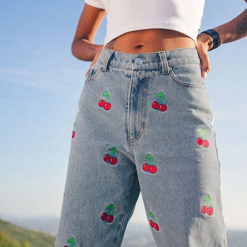 Chicmy Autumn Cherry Pattern Jeans Women England Preppy Style 90S Streetwear Y2K Outfits High Waist Straight Denim Pants