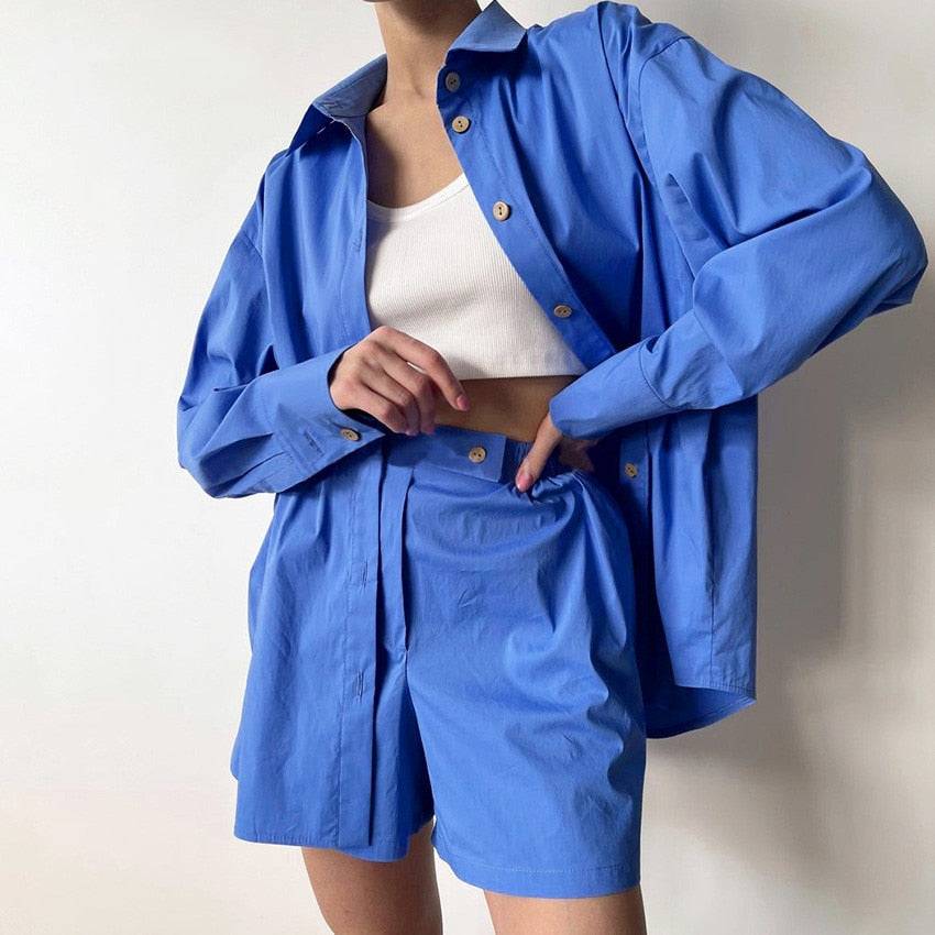 Chicmy Summer Outfit Blue Khaki Lape Neck Long Sleeve Shirts Blouse Elastic Waist Sports Biker Shorts Suit Women High Street