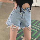 Chicmy S-2XL Ripped Raw Edge Denim Shorts Women High Waist Chain Hot Pant 2023 Summer New Misplaced Irregular Waist Jeans Shorts Female