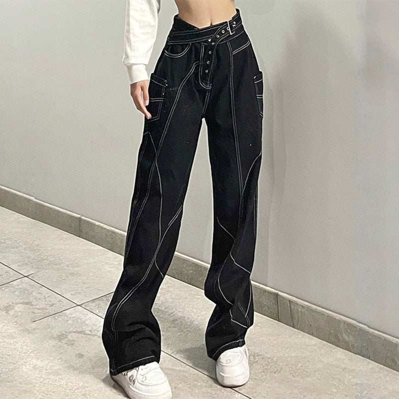 Chicmy Pockets Patchwork Baggy Jeans Fashion Streetwear Women Denim Trousers Loose Cargo Pants Korean High Waist Jeans Harajuku