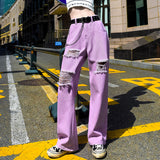 Chicmy Y2K Jeans With Belt Women High Waist Wide Leg Jeans Harajuku Pants Purple Yellow Holes Hollow Out Cargo Streetwear Oversize Pant