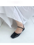 Chicmy Women's Shoes  Summer New Candy Color Flat Heel Closed Toe Ankle-Strap Buckle Patent Leather Low Heel Square Toe Sandals