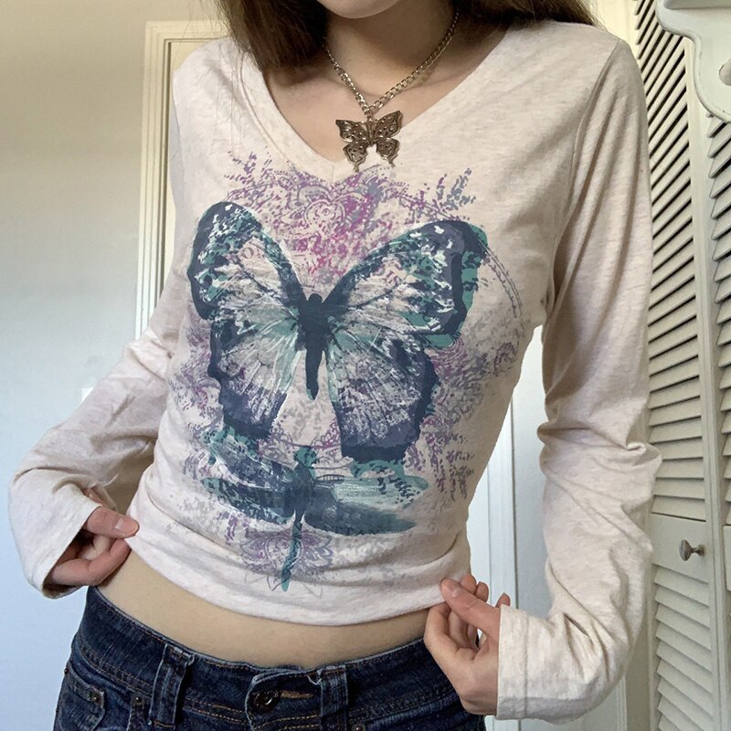 Chicmy Women 90S Vintage Harajuku T-Shirt Butterfly Graphic Print Crop Top Autumn V Neck Long Sleeve Pullovers Y2K Fairy Grunge Tees