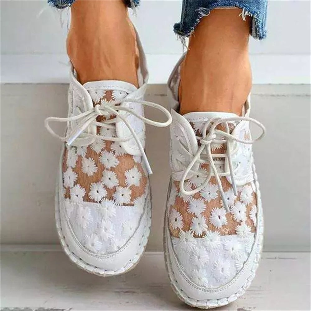 Christmas Gift Chicmy  Summer Comfortable Loafers 2023 Women's Retro Mesh Breathable Flat Casual Shoes 35-40 Hollow Embroidery Lace Up Female Sneakers