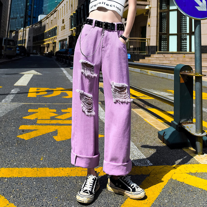 Chicmy Y2K Jeans With Belt Women High Waist Wide Leg Jeans Harajuku Pants Purple Yellow Holes Hollow Out Cargo Streetwear Oversize Pant