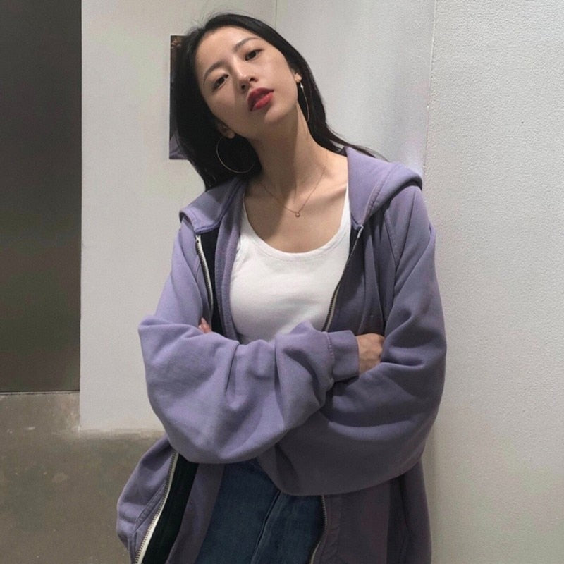 Chicmy Zip Up Women Hoodie 2023 Spring  Korean Long Sleeve Purple Sweetshirts Loose Casual Jacket Harajuku Hoodies Chic Female Clothing