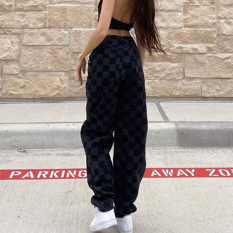 Chicmy 2023 New Harajuku Jeans Women Patchwork Jeans Female Streetwear Checkered Korean Style Wide Leg Pants Straight Plaid Trousers