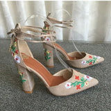 Christmas Gift Women High Heels Plus Size Embroidery Pumps Flower Ankle Strap Shoes Female Two Piece Sexy Party Wedding Pointed Toe