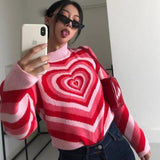 Chicmy Heart Striped Knitted Sweaters Women Y2K Pullovers Sweater Girl Sweet Long Sleeve Jumper Green Turtleneck Sweater Streetwear